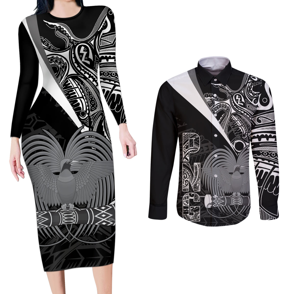 Custom Papua New Guinea Cricket Couples Matching Long Sleeve Bodycon Dress and Long Sleeve Button Shirt Tribal Bird of Paradise Tattoo