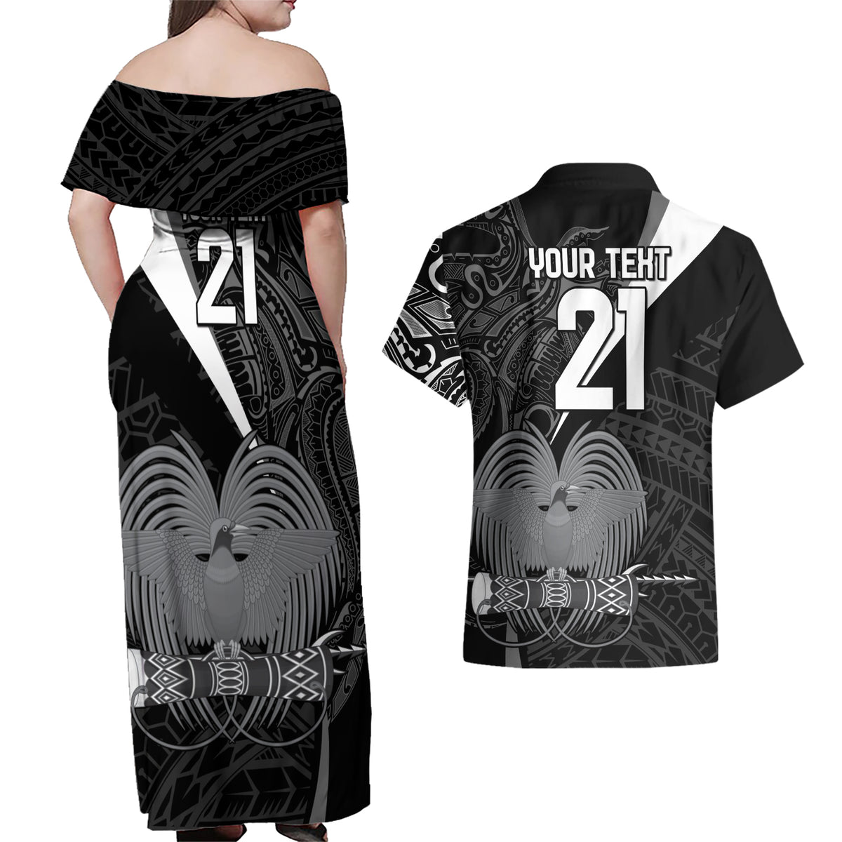 Custom Papua New Guinea Cricket Couples Matching Off Shoulder Maxi Dress and Hawaiian Shirt Tribal Bird of Paradise Tattoo