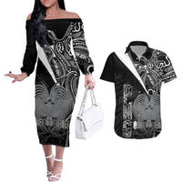 Custom Papua New Guinea Cricket Couples Matching Off The Shoulder Long Sleeve Dress and Hawaiian Shirt Tribal Bird of Paradise Tattoo