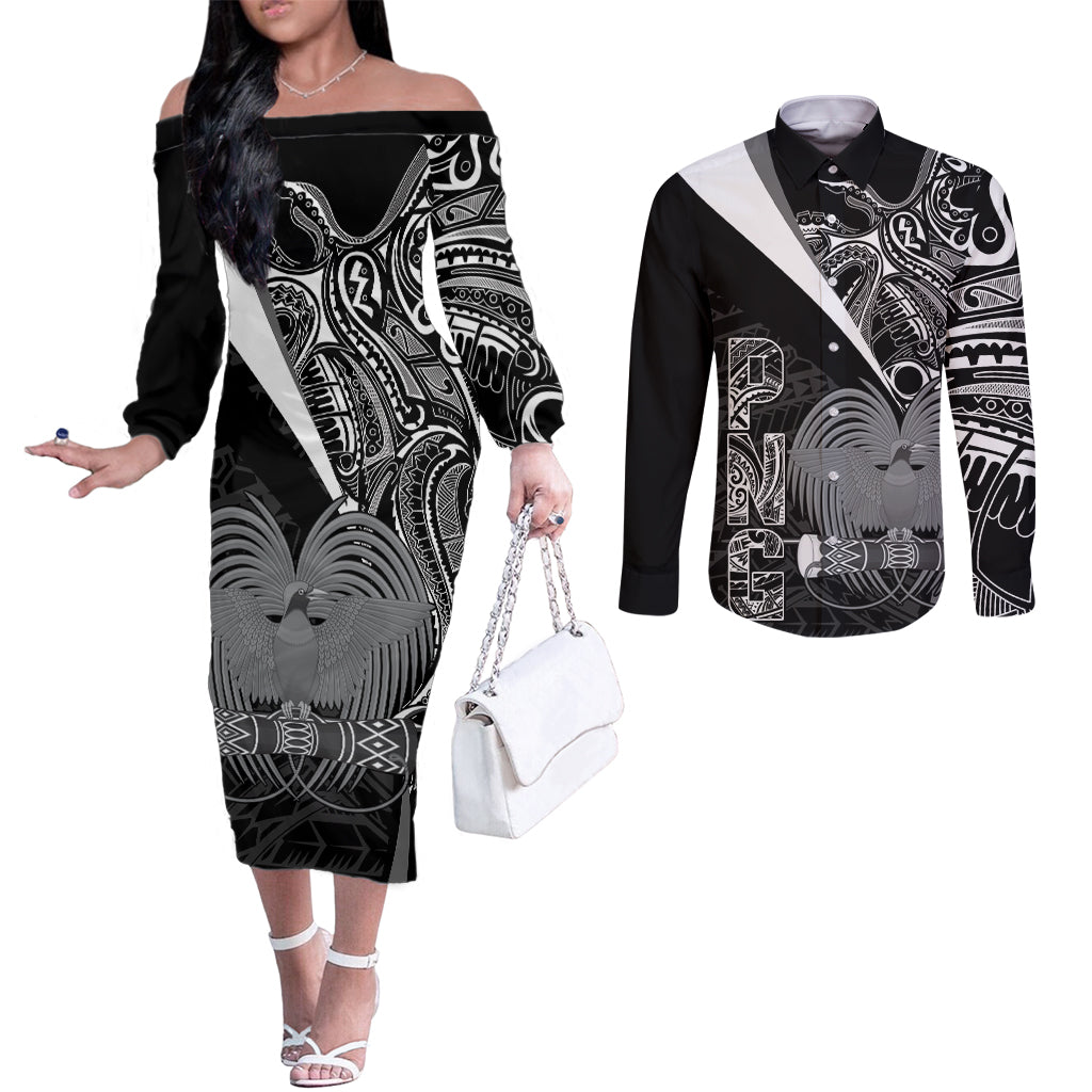 Custom Papua New Guinea Cricket Couples Matching Off The Shoulder Long Sleeve Dress and Long Sleeve Button Shirt Tribal Bird of Paradise Tattoo