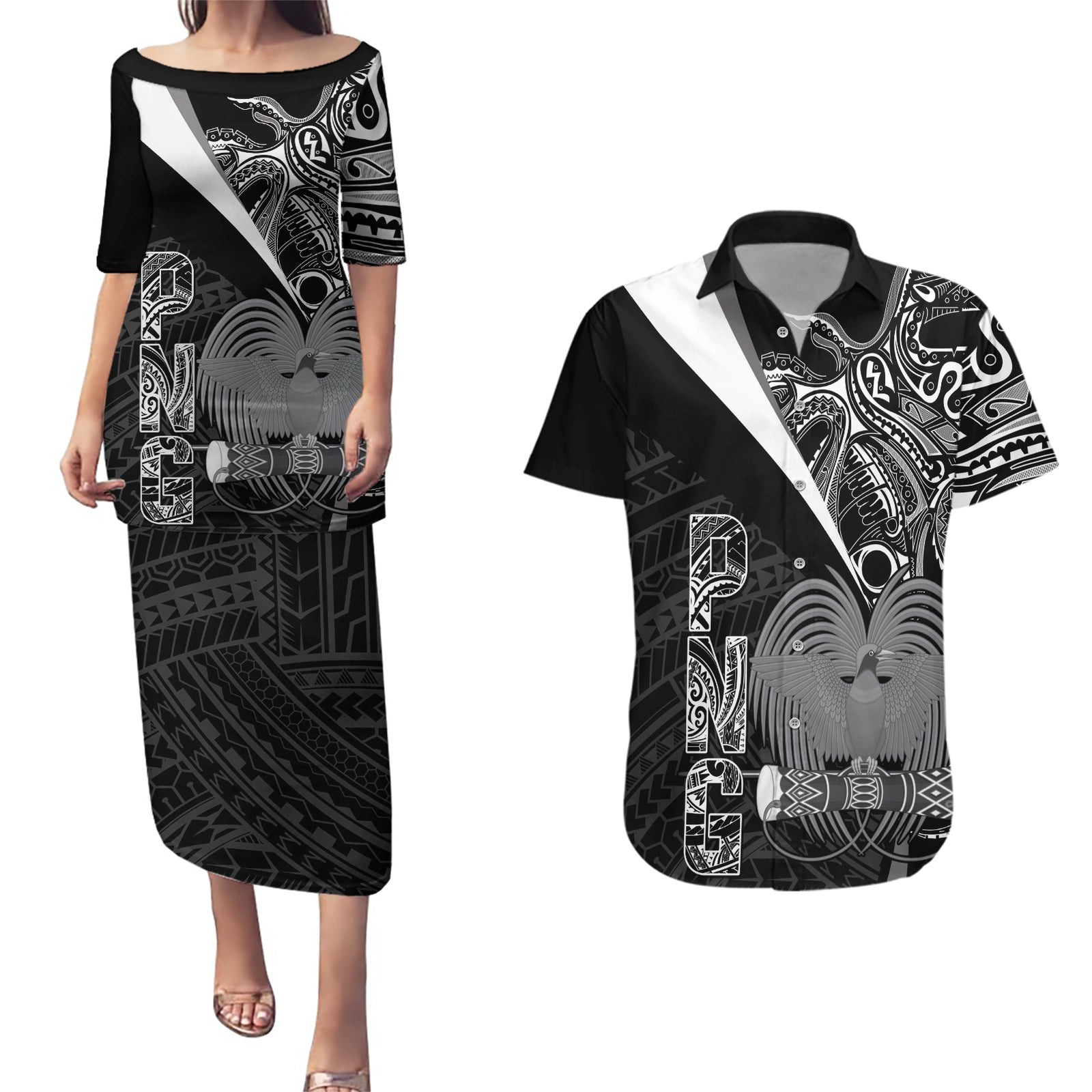 Custom Papua New Guinea Cricket Couples Matching Puletasi and Hawaiian Shirt Tribal Bird of Paradise Tattoo