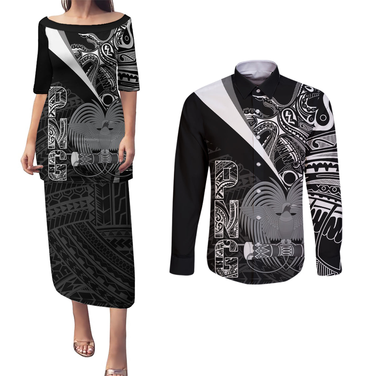 Custom Papua New Guinea Cricket Couples Matching Puletasi and Long Sleeve Button Shirt Tribal Bird of Paradise Tattoo