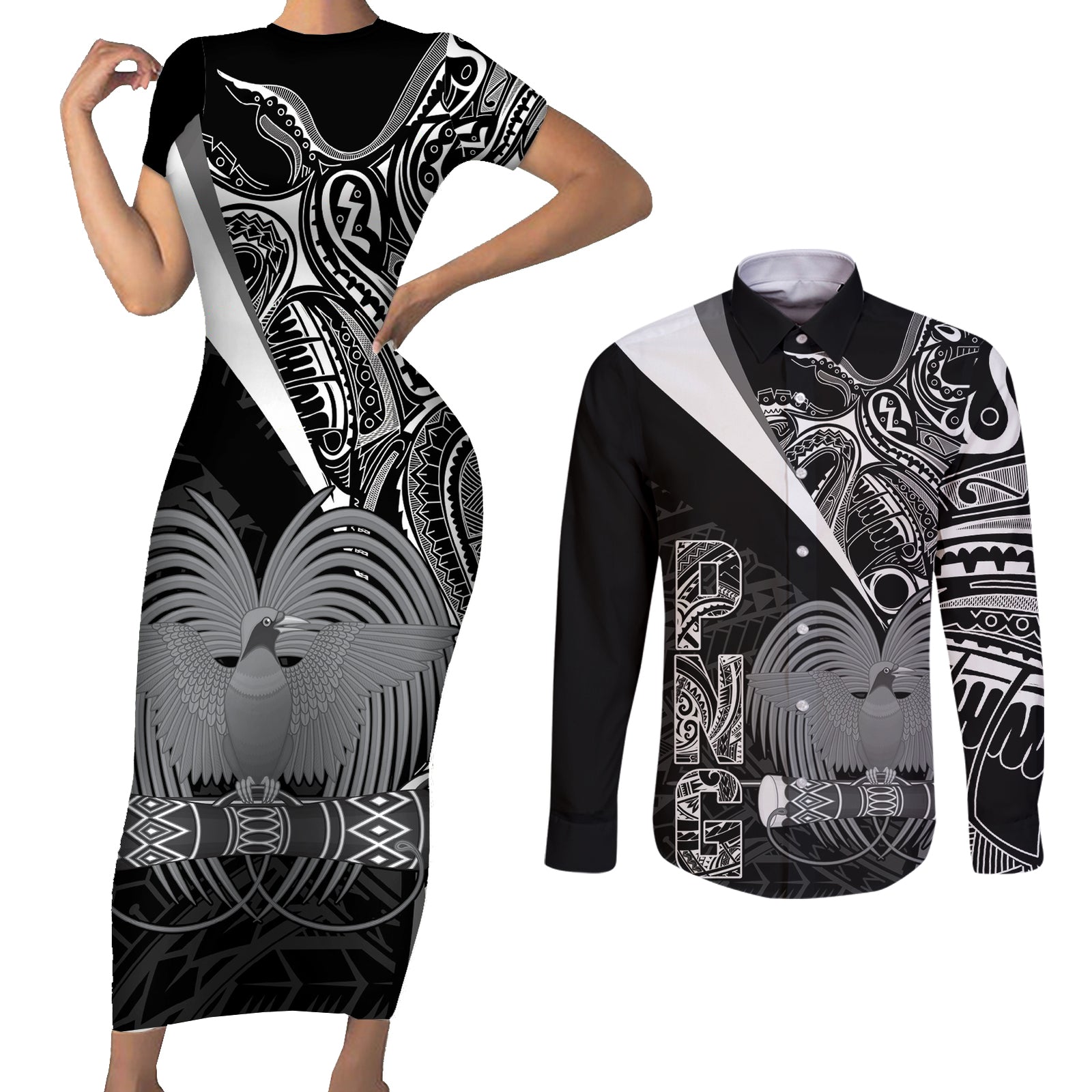 Custom Papua New Guinea Cricket Couples Matching Short Sleeve Bodycon Dress and Long Sleeve Button Shirt Tribal Bird of Paradise Tattoo