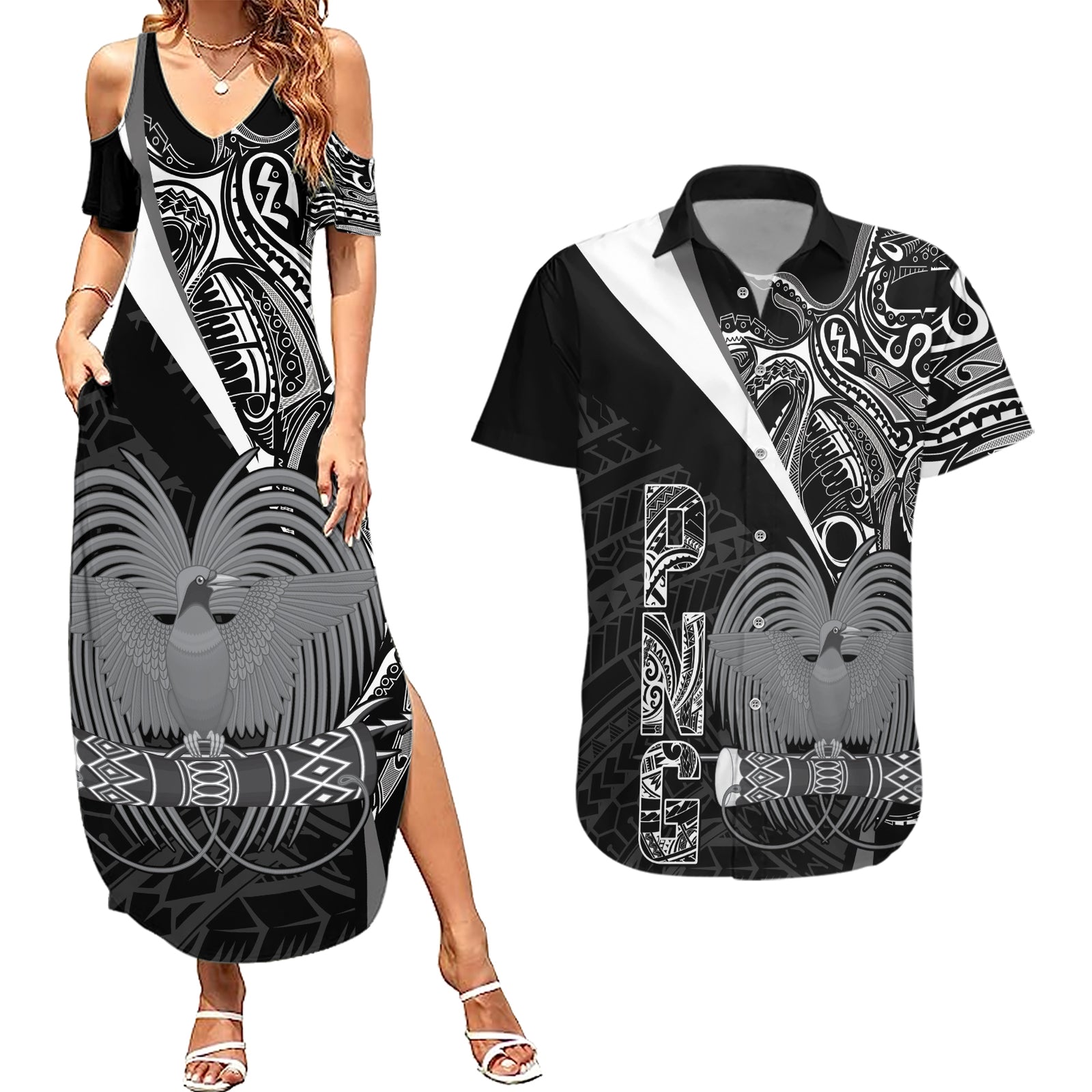 Custom Papua New Guinea Cricket Couples Matching Summer Maxi Dress and Hawaiian Shirt Tribal Bird of Paradise Tattoo