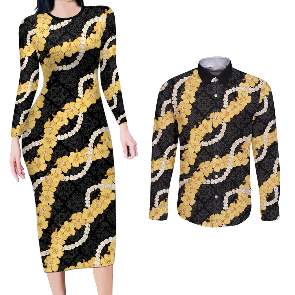 Aloha Melemele Hibiscus Pikake Lei Couples Matching Long Sleeve Bodycon Dress and Long Sleeve Button Shirt Hawaiian Quilt Pattern