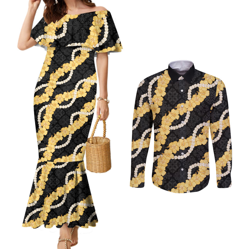 Aloha Melemele Hibiscus Pikake Lei Couples Matching Mermaid Dress and Long Sleeve Button Shirt Hawaiian Quilt Pattern LT9 Black - Polynesian Pride