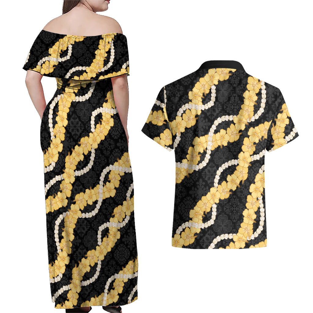 Aloha Melemele Hibiscus Pikake Lei Couples Matching Off Shoulder Maxi Dress and Hawaiian Shirt Hawaiian Quilt Pattern