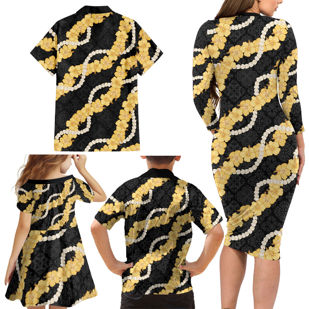 Aloha Melemele Hibiscus Pikake Lei Family Matching Long Sleeve Bodycon Dress and Hawaiian Shirt Hawaiian Quilt Pattern