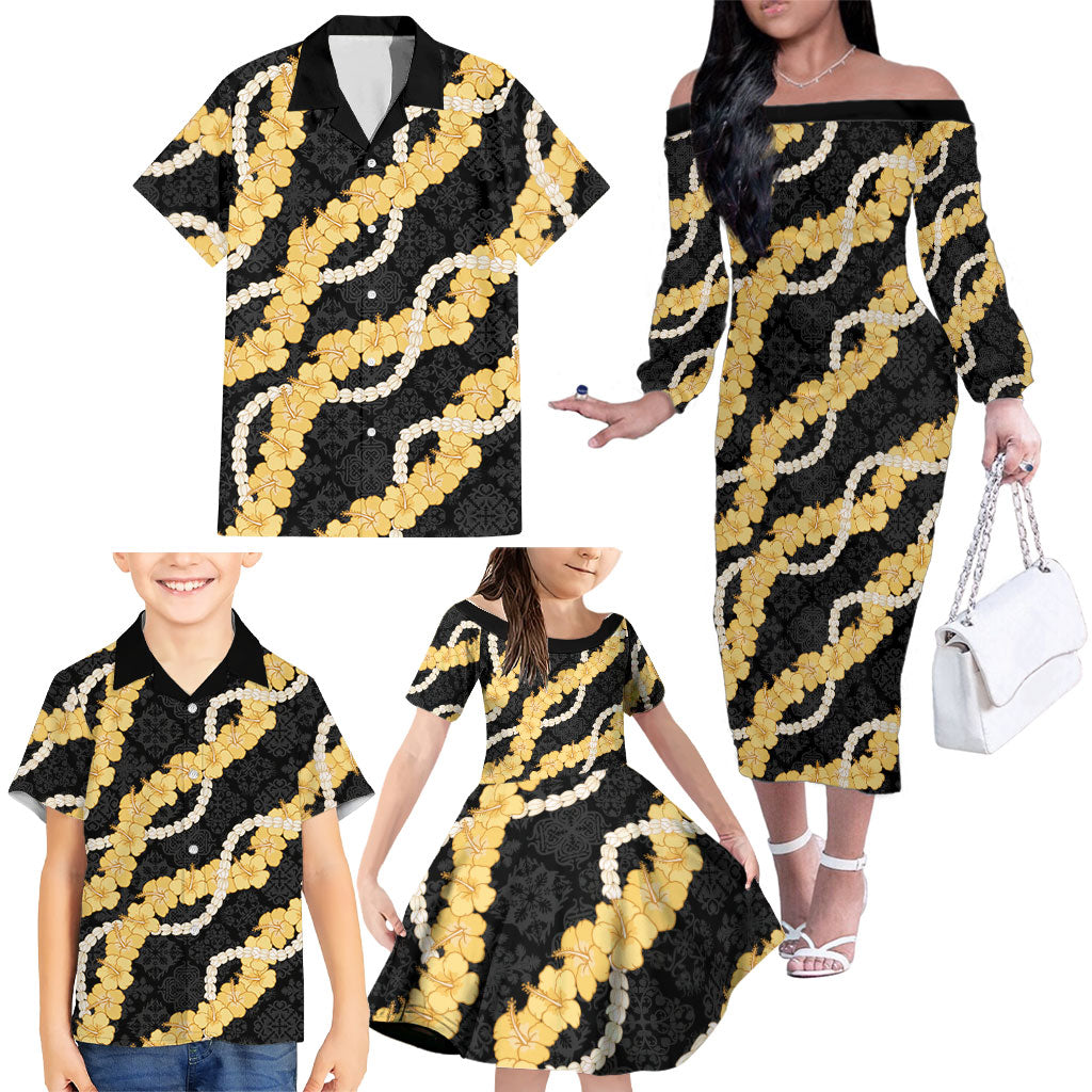 Aloha Melemele Hibiscus Pikake Lei Family Matching Off The Shoulder Long Sleeve Dress and Hawaiian Shirt Hawaiian Quilt Pattern