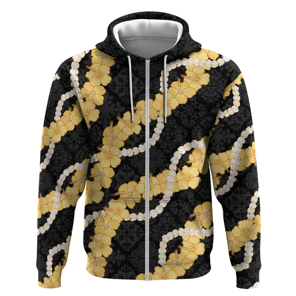 Aloha Melemele Hibiscus Pikake Lei Hoodie Hawaiian Quilt Pattern LT9 Zip Hoodie Black - Polynesian Pride