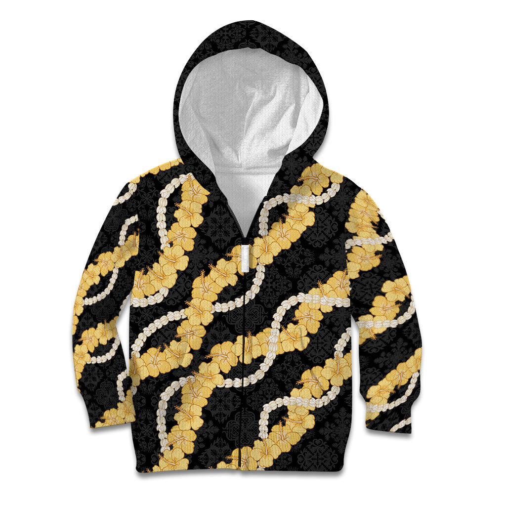 Aloha Melemele Hibiscus Pikake Lei Kid Hoodie Hawaiian Quilt Pattern LT9 Zip Hoodie Black - Polynesian Pride