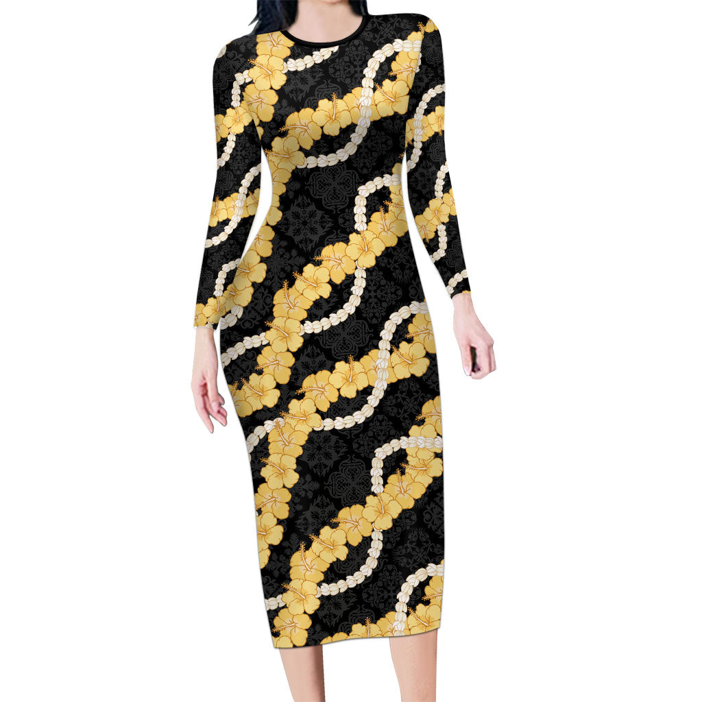 Aloha Melemele Hibiscus Pikake Lei Long Sleeve Bodycon Dress Hawaiian Quilt Pattern