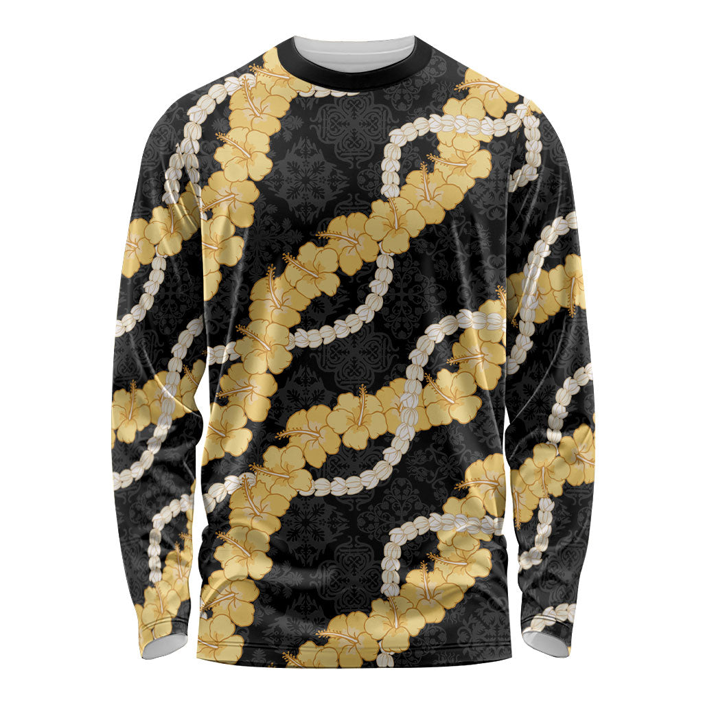 Aloha Melemele Hibiscus Pikake Lei Long Sleeve Shirt Hawaiian Quilt Pattern LT9 Unisex Black - Polynesian Pride