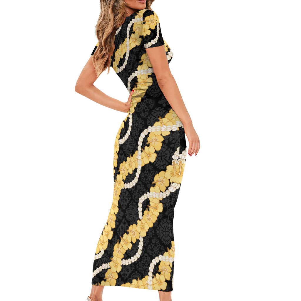 Aloha Melemele Hibiscus Pikake Lei Short Sleeve Bodycon Dress Hawaiian Quilt Pattern