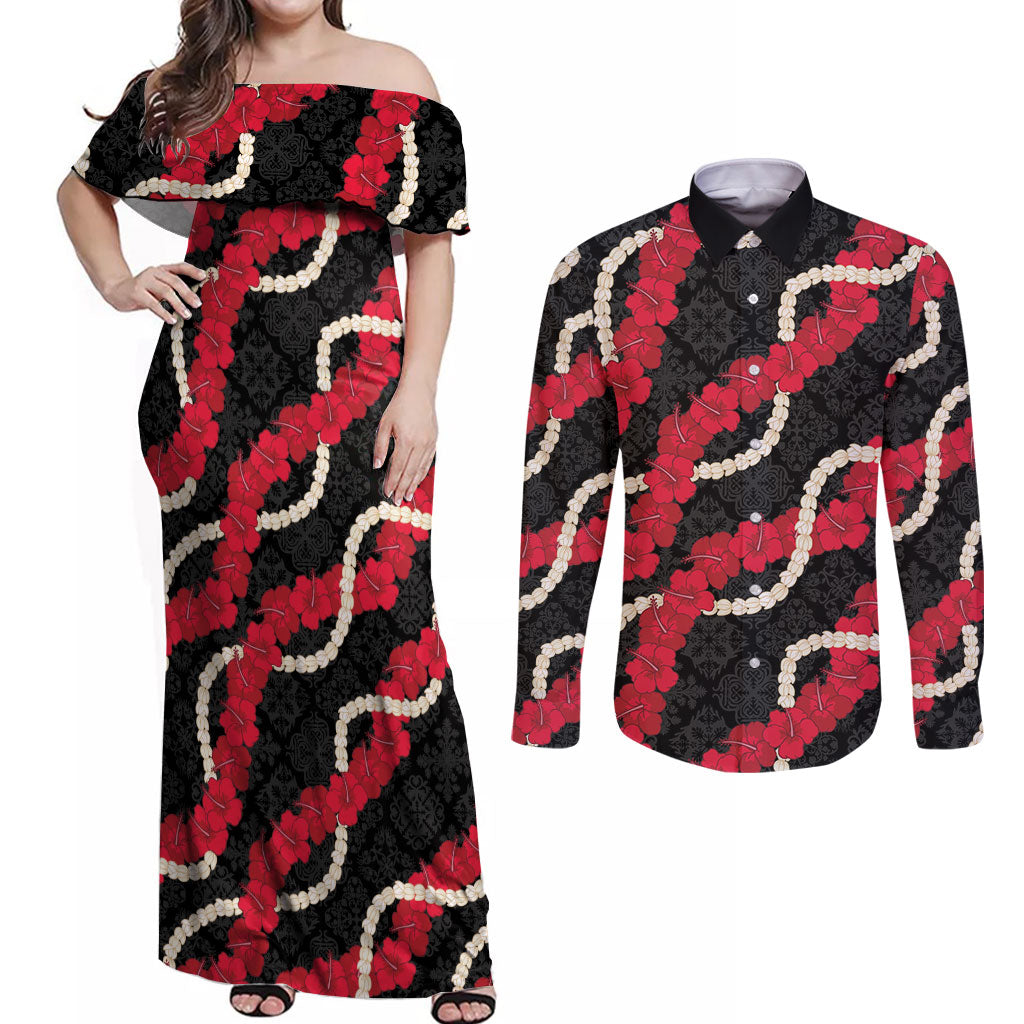 Aloha Ula'ula Hibiscus Pikake Lei Couples Matching Off Shoulder Maxi Dress and Long Sleeve Button Shirt Hawaiian Quilt Pattern LT9 Black - Polynesian Pride