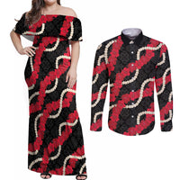 Aloha Ula'ula Hibiscus Pikake Lei Couples Matching Off Shoulder Maxi Dress and Long Sleeve Button Shirt Hawaiian Quilt Pattern LT9 Black - Polynesian Pride