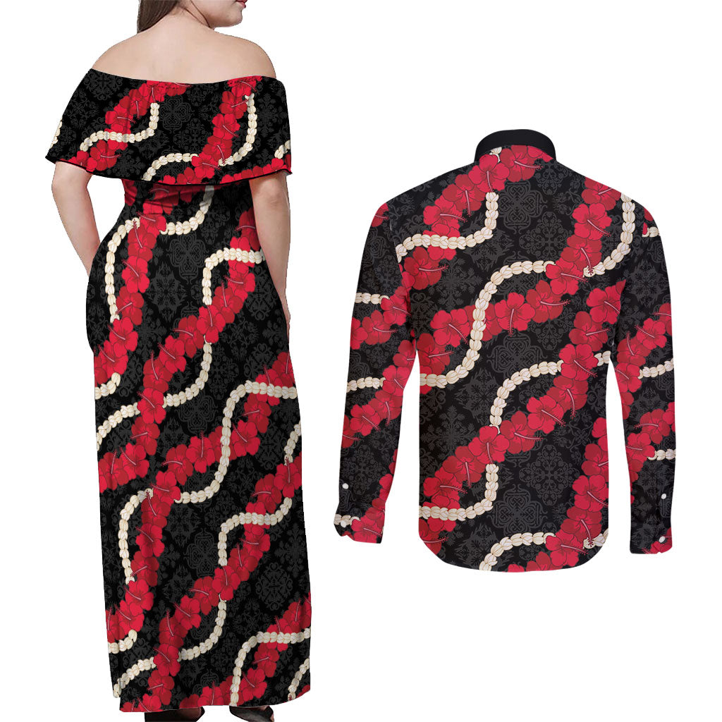 Aloha Ula'ula Hibiscus Pikake Lei Couples Matching Off Shoulder Maxi Dress and Long Sleeve Button Shirt Hawaiian Quilt Pattern LT9 - Polynesian Pride