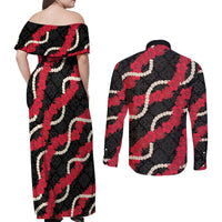 Aloha Ula'ula Hibiscus Pikake Lei Couples Matching Off Shoulder Maxi Dress and Long Sleeve Button Shirt Hawaiian Quilt Pattern LT9 - Polynesian Pride