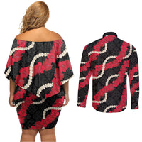 Aloha Ula'ula Hibiscus Pikake Lei Couples Matching Off Shoulder Short Dress and Long Sleeve Button Shirt Hawaiian Quilt Pattern