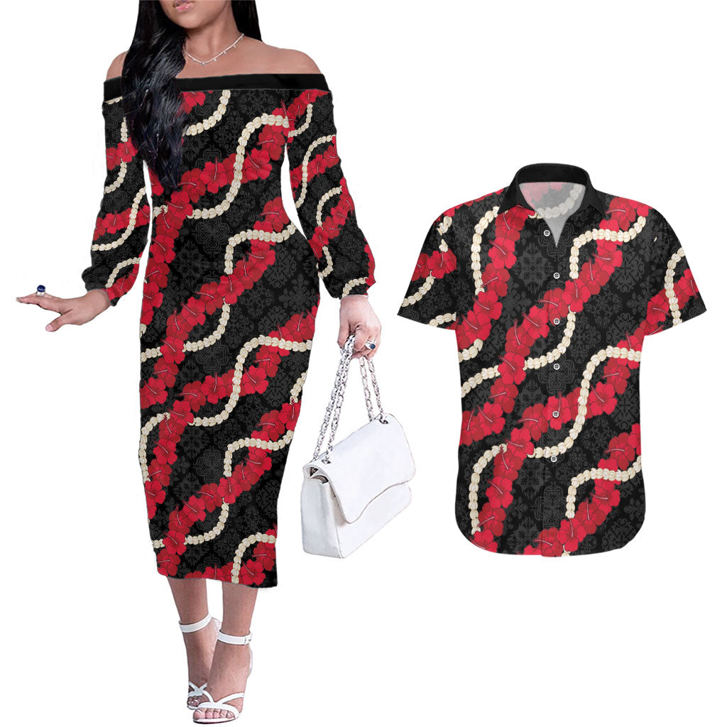 Aloha Ula'ula Hibiscus Pikake Lei Couples Matching Off The Shoulder Long Sleeve Dress and Hawaiian Shirt Hawaiian Quilt Pattern