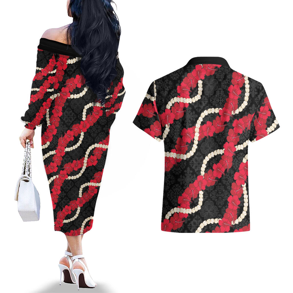 Aloha Ula'ula Hibiscus Pikake Lei Couples Matching Off The Shoulder Long Sleeve Dress and Hawaiian Shirt Hawaiian Quilt Pattern