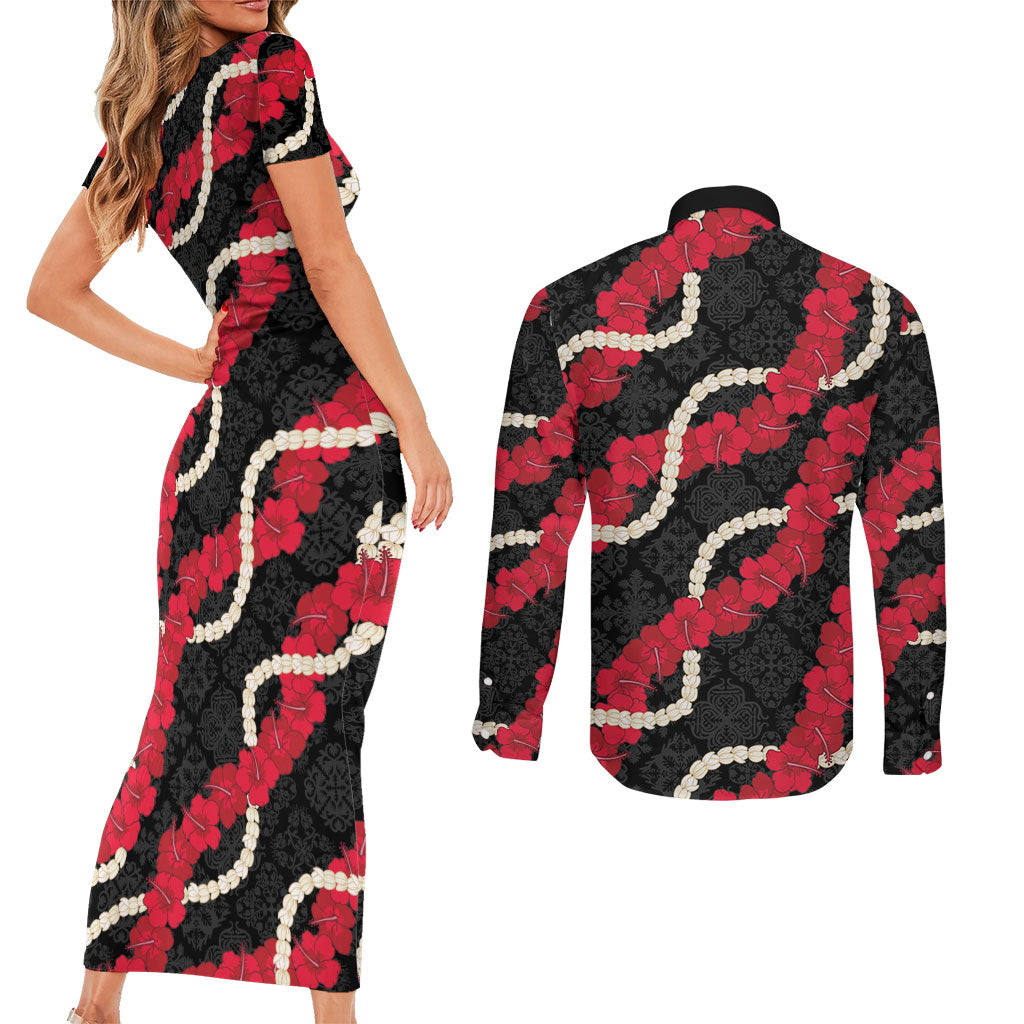 Aloha Ula'ula Hibiscus Pikake Lei Couples Matching Short Sleeve Bodycon Dress and Long Sleeve Button Shirt Hawaiian Quilt Pattern