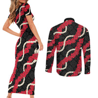 Aloha Ula'ula Hibiscus Pikake Lei Couples Matching Short Sleeve Bodycon Dress and Long Sleeve Button Shirt Hawaiian Quilt Pattern