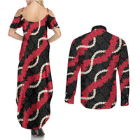 Aloha Ula'ula Hibiscus Pikake Lei Couples Matching Summer Maxi Dress and Long Sleeve Button Shirt Hawaiian Quilt Pattern