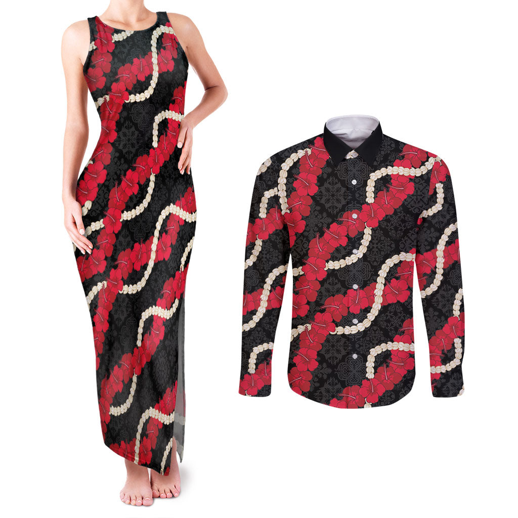 Aloha Ula'ula Hibiscus Pikake Lei Couples Matching Tank Maxi Dress and Long Sleeve Button Shirt Hawaiian Quilt Pattern LT9 Black - Polynesian Pride