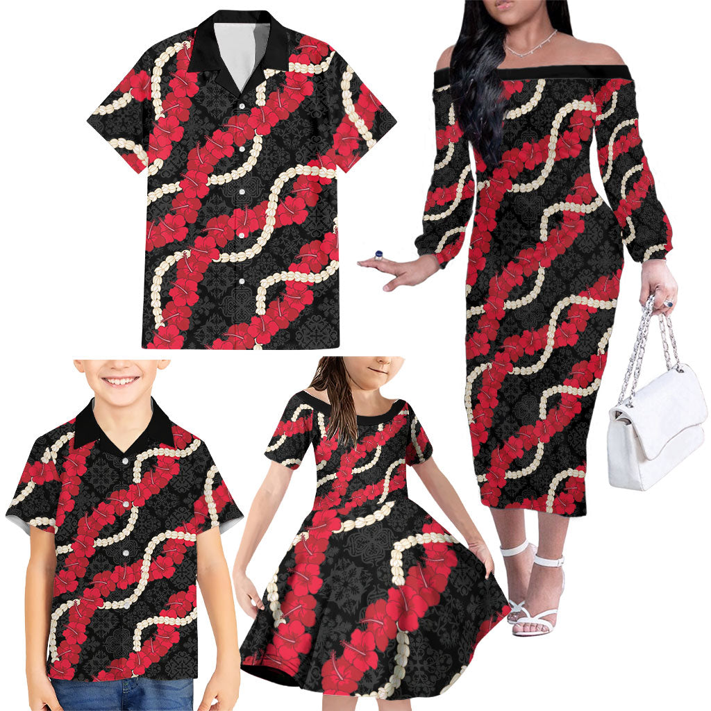 Aloha Ula'ula Hibiscus Pikake Lei Family Matching Off The Shoulder Long Sleeve Dress and Hawaiian Shirt Hawaiian Quilt Pattern
