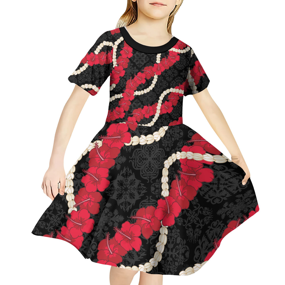 Aloha Ula'ula Hibiscus Pikake Lei Kid Short Sleeve Dress Hawaiian Quilt Pattern
