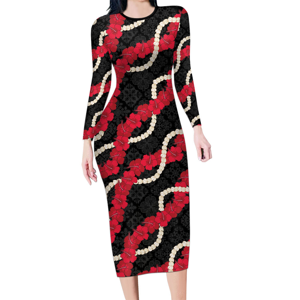 Aloha Ula'ula Hibiscus Pikake Lei Long Sleeve Bodycon Dress Hawaiian Quilt Pattern