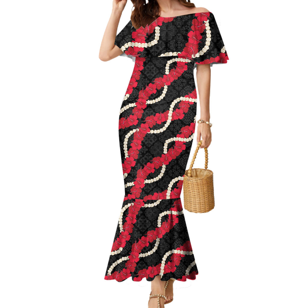 Aloha Ula'ula Hibiscus Pikake Lei Mermaid Dress Hawaiian Quilt Pattern LT9 Women Black - Polynesian Pride