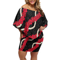 Aloha Ula'ula Hibiscus Pikake Lei Off Shoulder Short Dress Hawaiian Quilt Pattern LT9 Women Black - Polynesian Pride