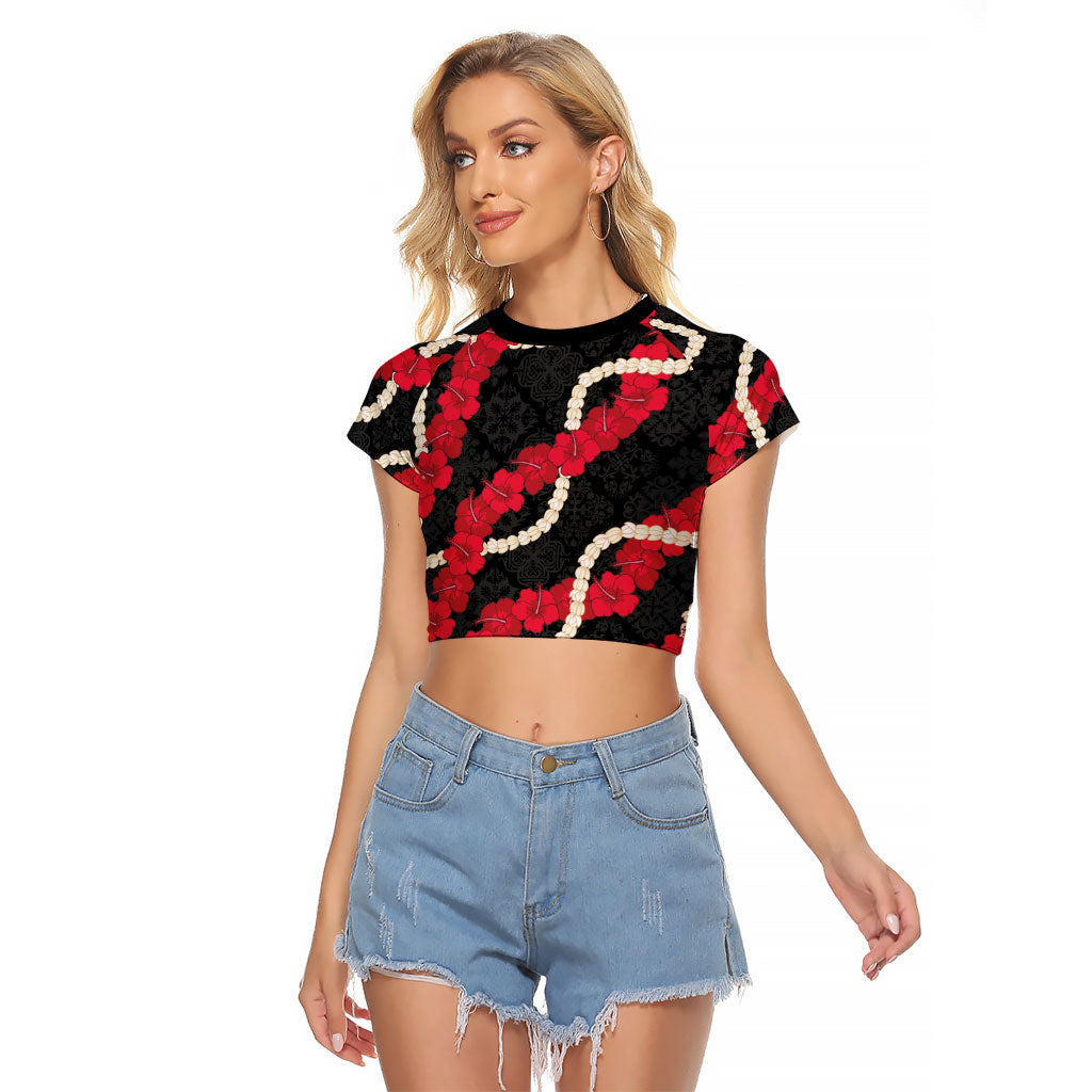 Aloha Ula'ula Hibiscus Pikake Lei Raglan Cropped T Shirt Hawaiian Quilt Pattern LT9 Female Black - Polynesian Pride