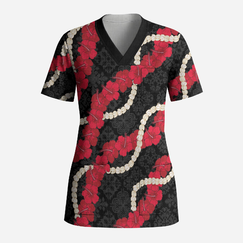 Aloha Ula'ula Hibiscus Pikake Lei Scrub Top Hawaiian Quilt Pattern