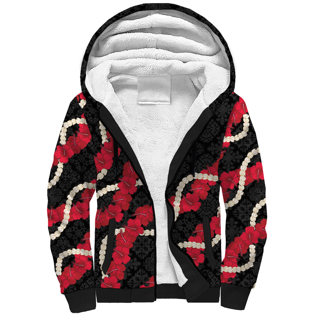 Aloha Ula'ula Hibiscus Pikake Lei Sherpa Hoodie Hawaiian Quilt Pattern LT9 Unisex Black - Polynesian Pride