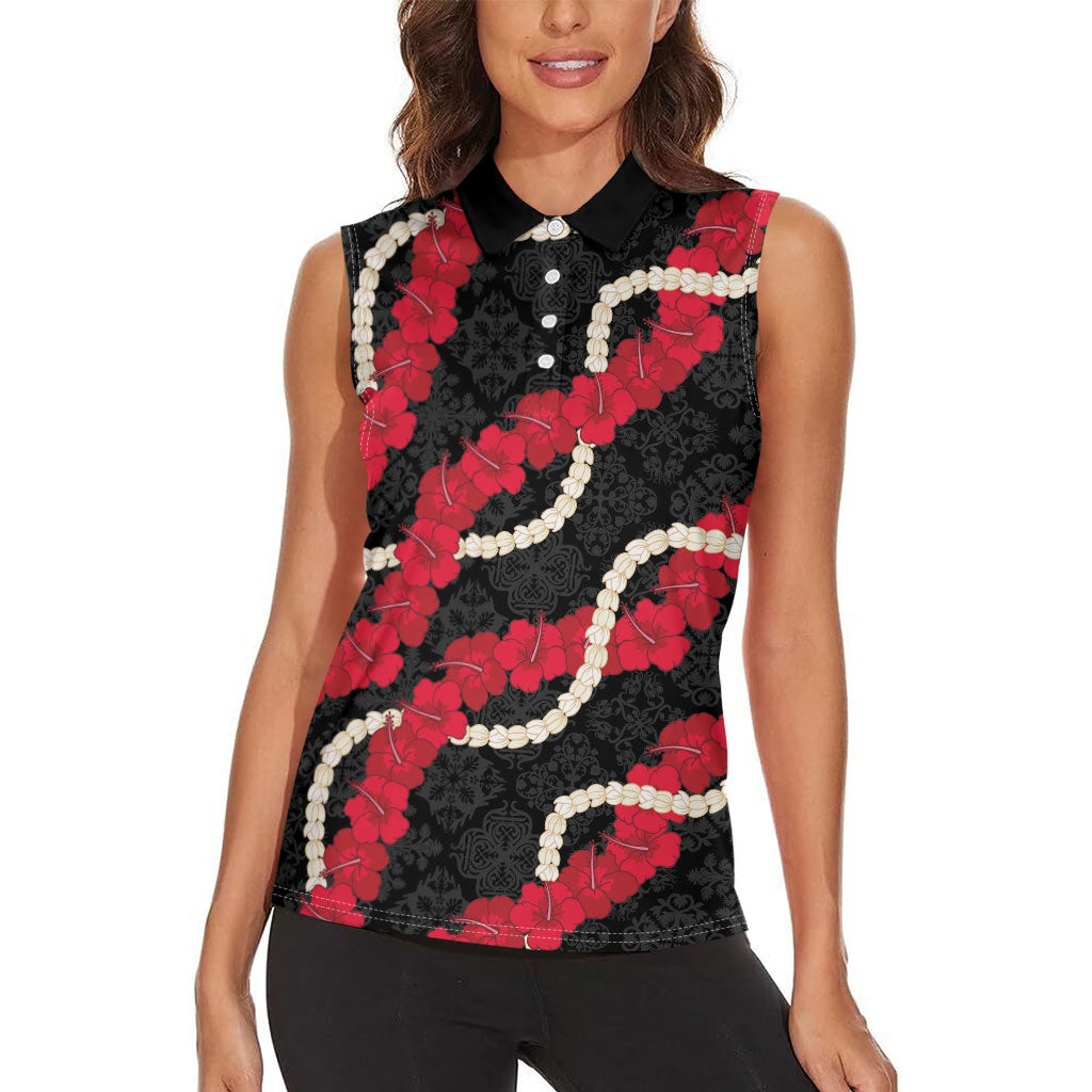 Aloha Ula'ula Hibiscus Pikake Lei Women Sleeveless Polo Shirt Hawaiian Quilt Pattern