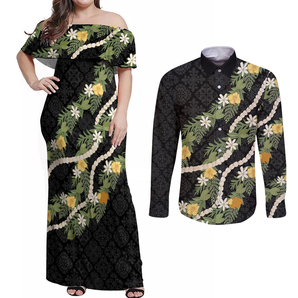 Puakenikeni Anthurium Pikake Lei Couples Matching Off Shoulder Maxi Dress and Long Sleeve Button Shirt Hawaiian Quilt Pattern LT9 Black - Polynesian Pride