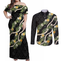 Puakenikeni Anthurium Pikake Lei Couples Matching Off Shoulder Maxi Dress and Long Sleeve Button Shirt Hawaiian Quilt Pattern LT9 Black - Polynesian Pride