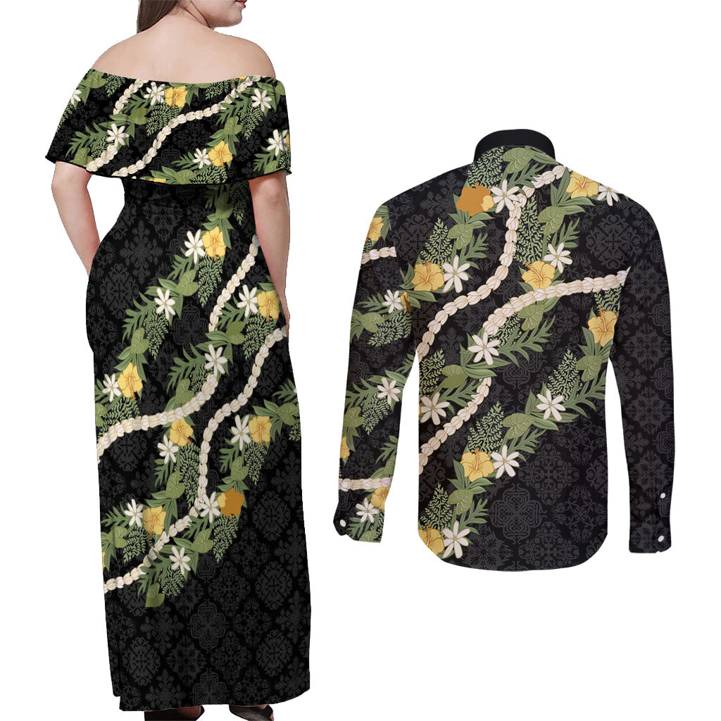 Puakenikeni Anthurium Pikake Lei Couples Matching Off Shoulder Maxi Dress and Long Sleeve Button Shirt Hawaiian Quilt Pattern LT9 - Polynesian Pride