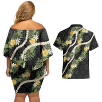 Puakenikeni Anthurium Pikake Lei Couples Matching Off Shoulder Short Dress and Hawaiian Shirt Hawaiian Quilt Pattern