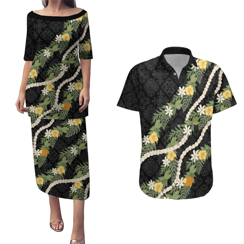 Puakenikeni Anthurium Pikake Lei Couples Matching Puletasi and Hawaiian Shirt Hawaiian Quilt Pattern LT9 Black - Polynesian Pride