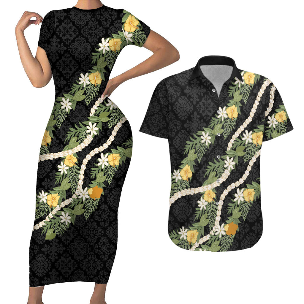 Puakenikeni Anthurium Pikake Lei Couples Matching Short Sleeve Bodycon Dress and Hawaiian Shirt Hawaiian Quilt Pattern