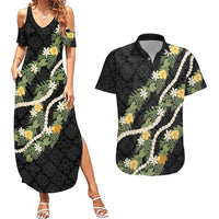 Puakenikeni Anthurium Pikake Lei Couples Matching Summer Maxi Dress and Hawaiian Shirt Hawaiian Quilt Pattern LT9 Black - Polynesian Pride
