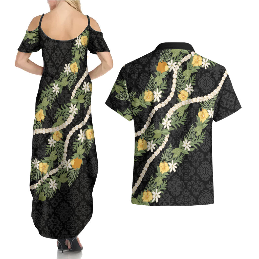 Puakenikeni Anthurium Pikake Lei Couples Matching Summer Maxi Dress and Hawaiian Shirt Hawaiian Quilt Pattern LT9 - Polynesian Pride