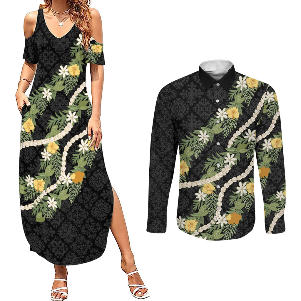 Puakenikeni Anthurium Pikake Lei Couples Matching Summer Maxi Dress and Long Sleeve Button Shirt Hawaiian Quilt Pattern LT9 Black - Polynesian Pride