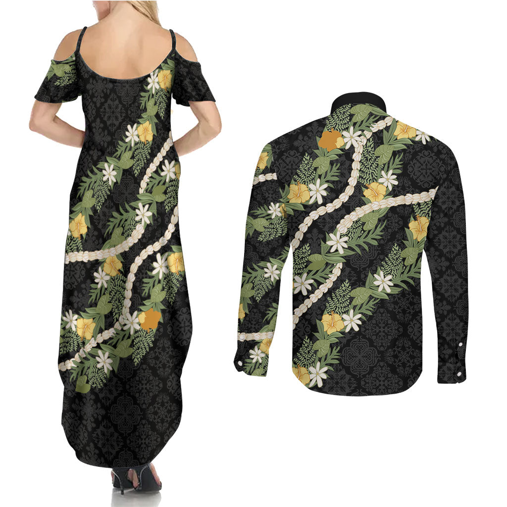 Puakenikeni Anthurium Pikake Lei Couples Matching Summer Maxi Dress and Long Sleeve Button Shirt Hawaiian Quilt Pattern LT9 - Polynesian Pride