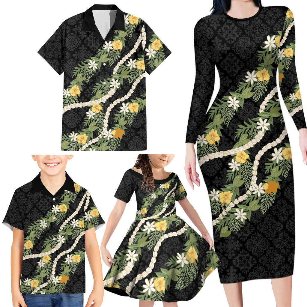 Puakenikeni Anthurium Pikake Lei Family Matching Long Sleeve Bodycon Dress and Hawaiian Shirt Hawaiian Quilt Pattern