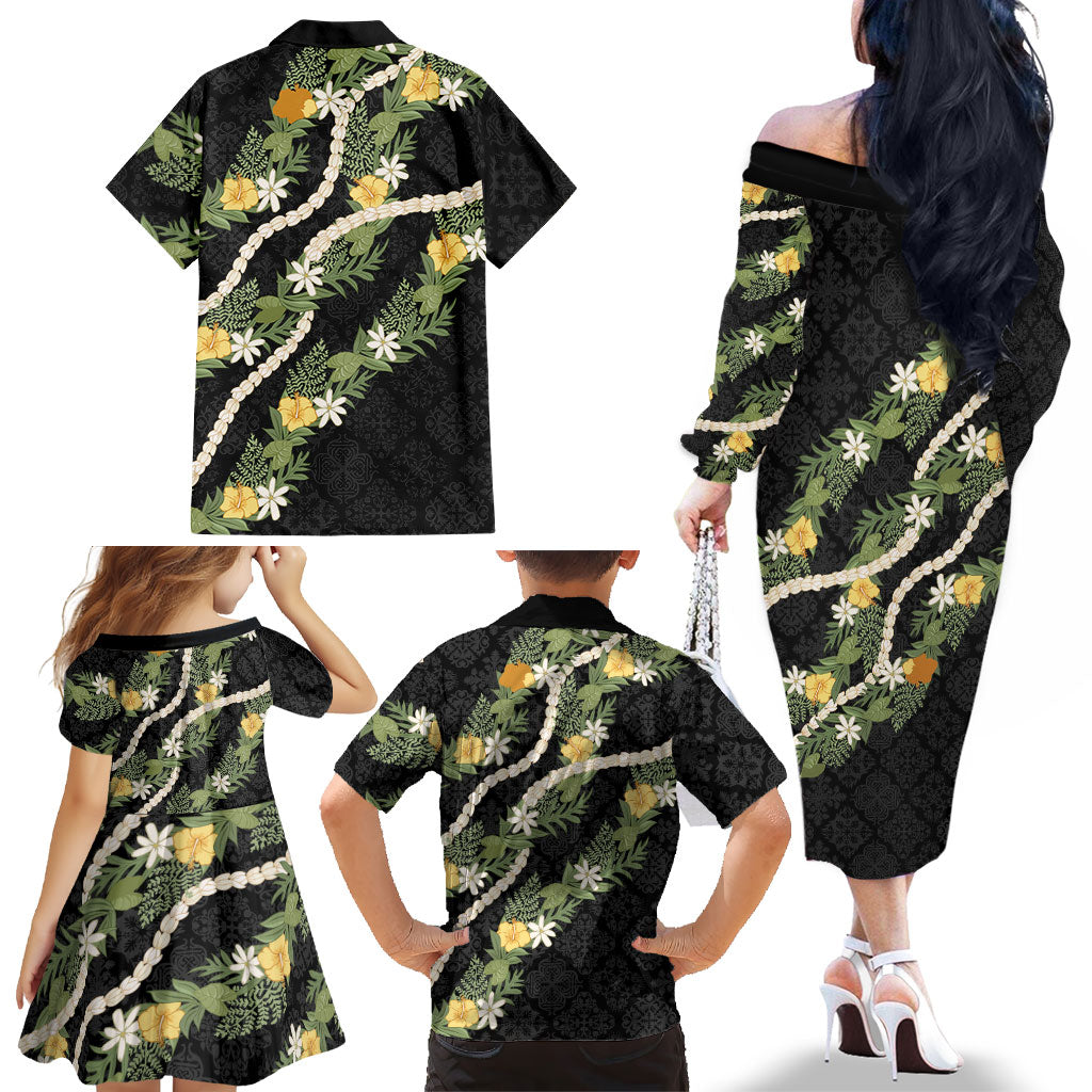 Puakenikeni Anthurium Pikake Lei Family Matching Off The Shoulder Long Sleeve Dress and Hawaiian Shirt Hawaiian Quilt Pattern